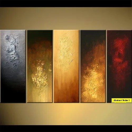 Five vertical abstract art panels with textured golden, brown, red, and black colors, labeled "Abstract Series 1" in the bottom right corner.