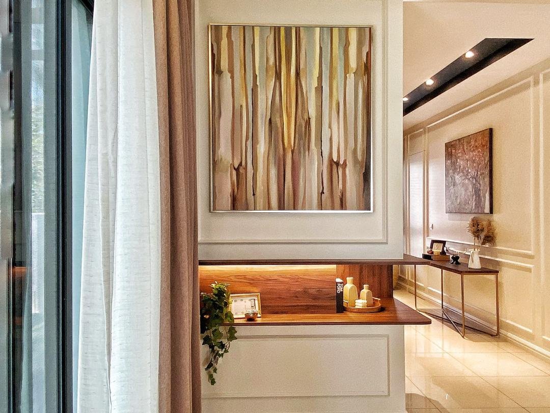 Modern interior with art pieces, wooden console table with decorations, and a view of a hallway.