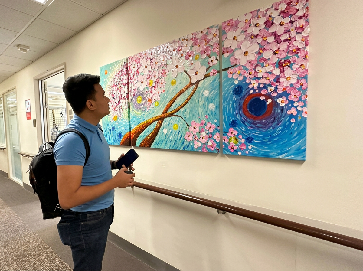A man with a backpack looking at a colorful triptych painting of a cherry blossom tree with swirling blue background in an indoor hallway.