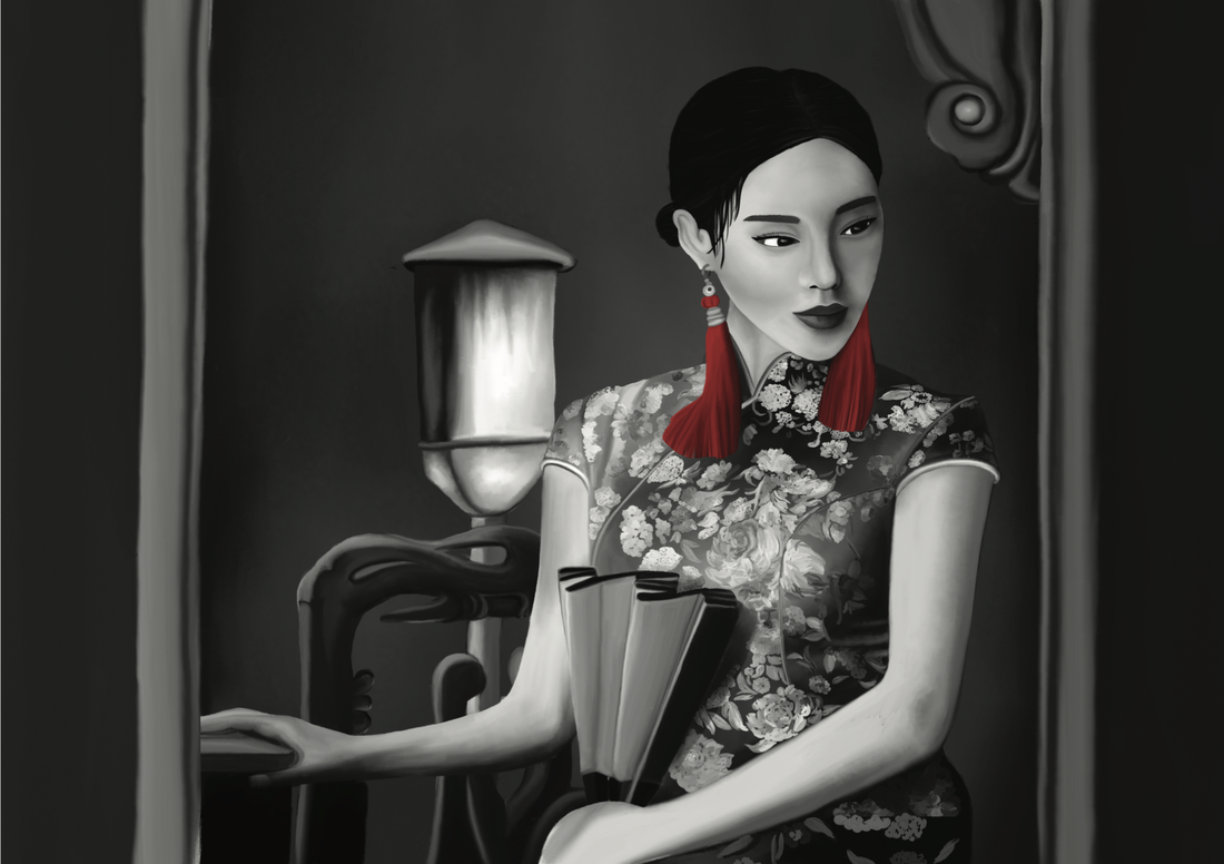 Black and white photo of an Asian woman in a cheongsam dress with floral pattern, holding a fan, wearing red earrings, and looking sideways, near a window with decoration, and a lamp in the background.