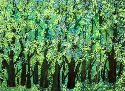 A painting of a densely wooded forest with multiple green and yellow foliage trees.