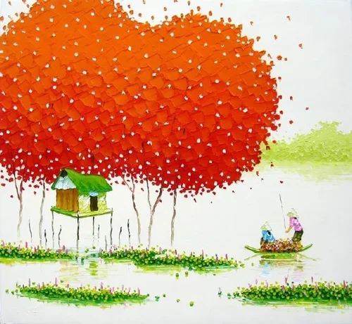Painting of a red-leafed tree over water, with a small wooden hut on stilts, and two people in a boat nearby.