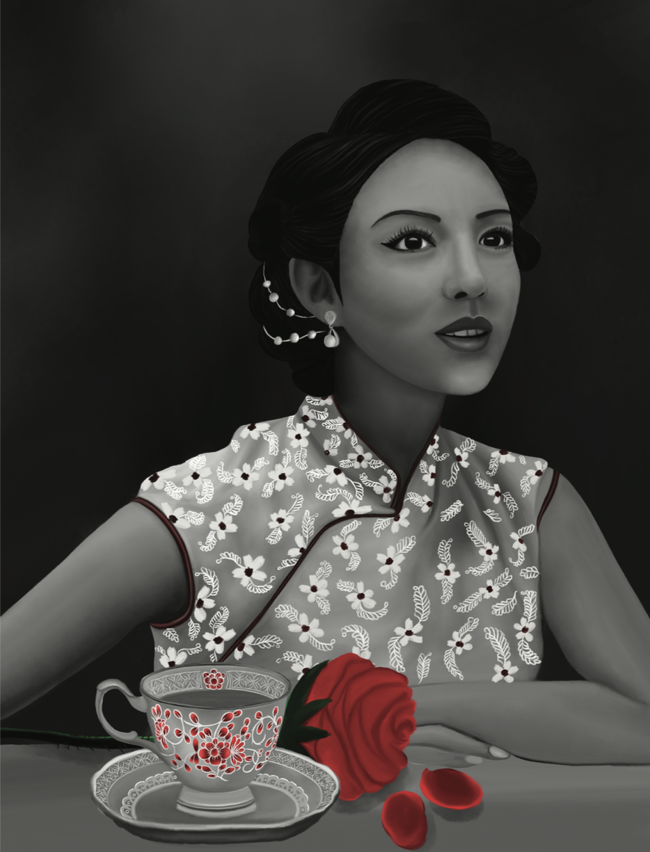 A grayscale portrait of a woman with intricate jewelry and holding a real red rose and a decorated teacup with red floral patterns, set against a dark background.