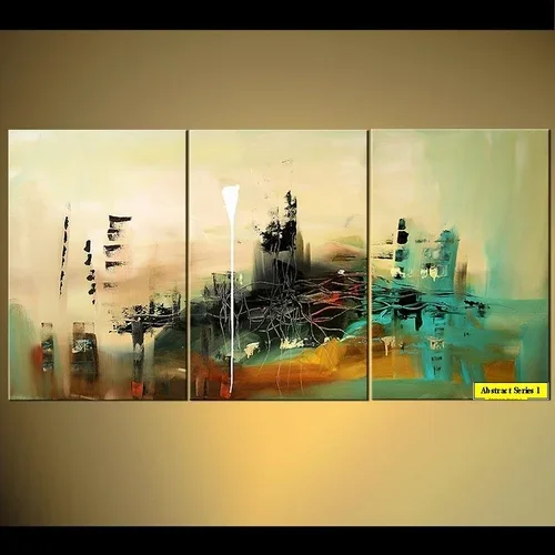 Abstract landscape painting on three panels with muted colors, black, white, and hints of red and teal, displayed on a beige wall.