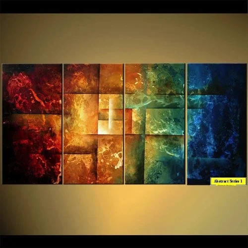 Colorful abstract art series consisting of nine rectangular panels arranged in a horizontal row, featuring a blend of red, orange, yellow, green, and blue hues.