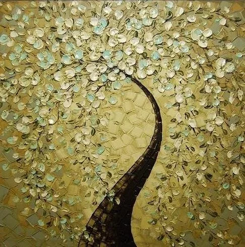 Artwork featuring a tree with branches made of black material, surrounded by numerous cream and light blue paper flowers.