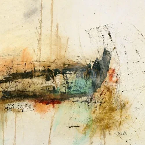 Abstract painting with beige, brown, black, green, and red brushstrokes on a white background.