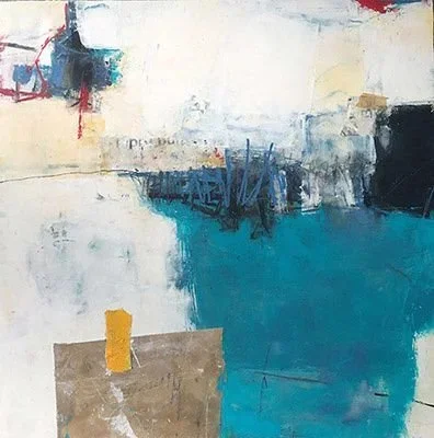 Abstract painting with blue, white, black, red, and yellow colors.
