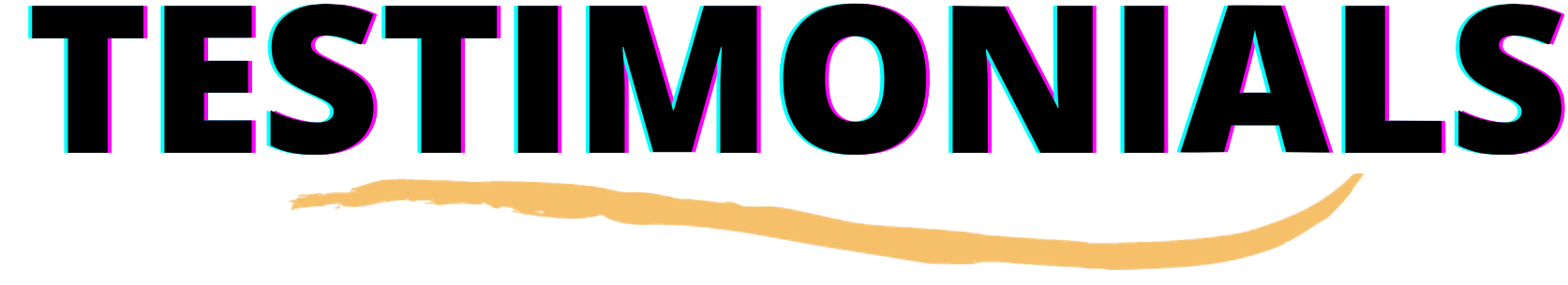 Text that reads 'TESTIMONIALS' with neon outline font and a gold swoosh underneath.