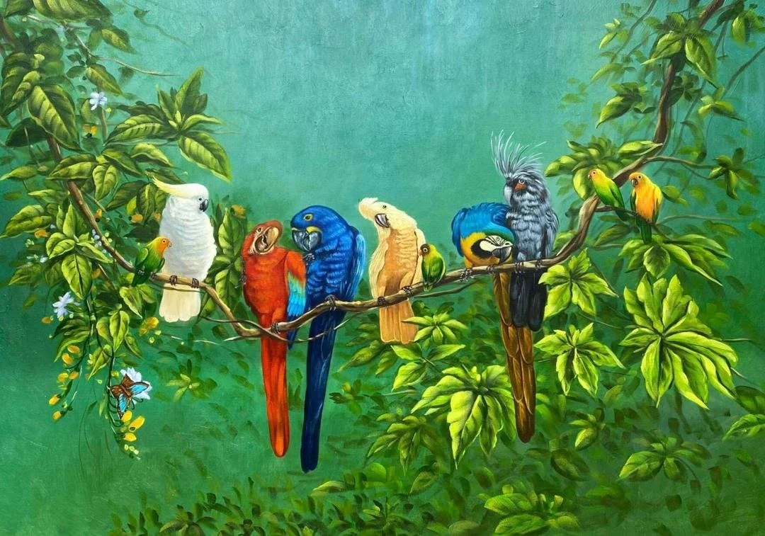 Colorful parakeets and parrots sitting on tree branches amidst lush green foliage, with some birds facing forward and others looking to the side.