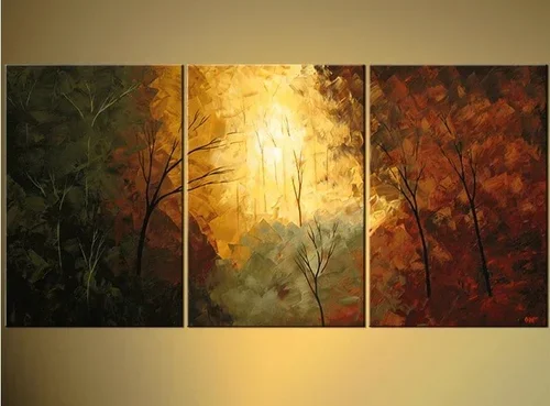 Triptych painting of a forest with autumn leaves and sunlight filtering through trees.