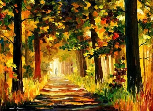 An impressionist painting of a forest path surrounded by colorful autumn trees with sunlight filtering through the leaves.