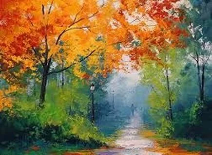 A watercolor painting of a park with trees in autumn, displaying orange, yellow, and green leaves, a pathway, and lamp posts.