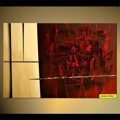 Abstract painting with beige and yellow blocks on the left and a large red and black textured area on the right, labeled 'Abstract Series 1' in yellow.