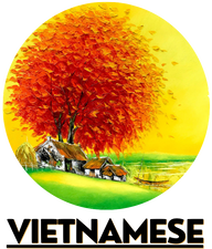 A colorful illustration of a large orange tree with a landscape background, including small houses, mountains, a river, and the word 'Vietnamese' at the bottom.