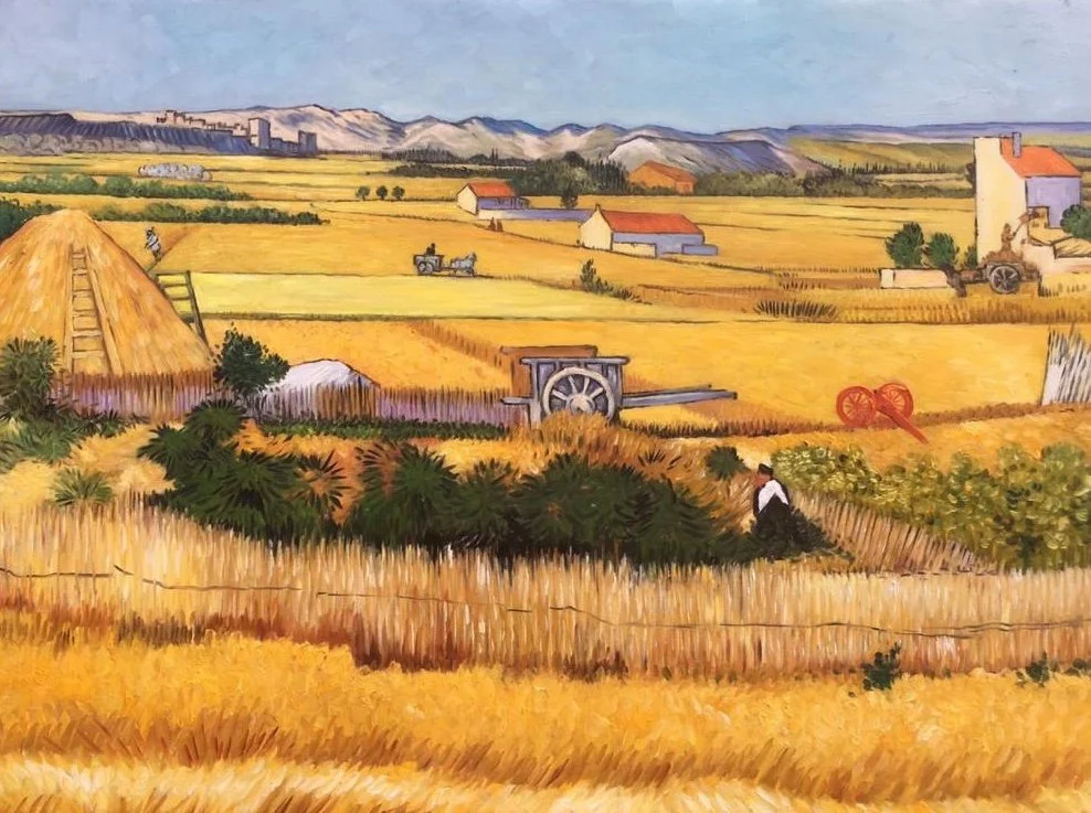 Painting of a rural farm landscape with haystacks, barns, a tractor, a person working in the field, and mountains in the background.