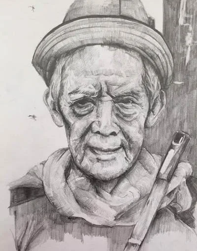 Black and white drawing of an elderly man wearing a hat and scarf, holding a cane.