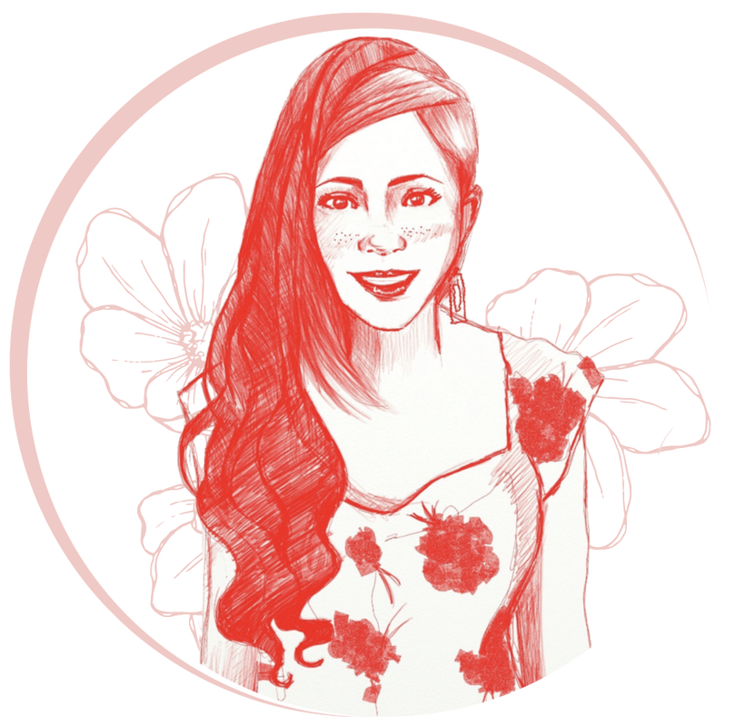 A stylized red sketch of a woman with long wavy hair, wearing a floral dress, smiling, with flowers in the background.