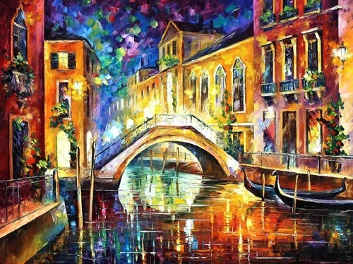 A colorful painting of a Venetian canal at night with buildings, a bridge, and gondolas.