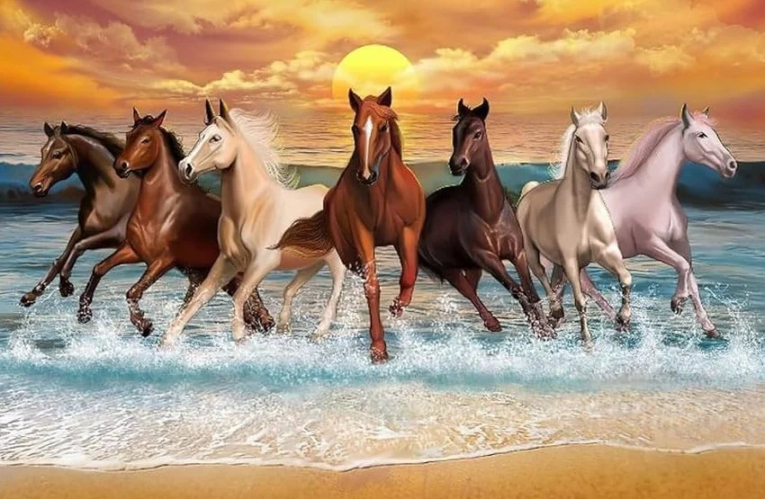 Seven horses running through the ocean at sunset with waves splashing and a colorful sky.
