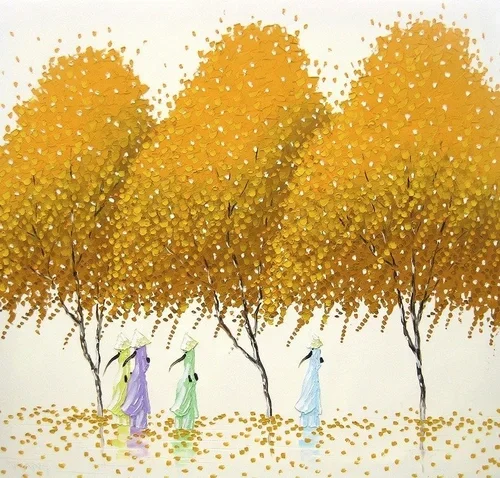 Four women walking under yellow autumn trees, wearing pastel-colored dresses.