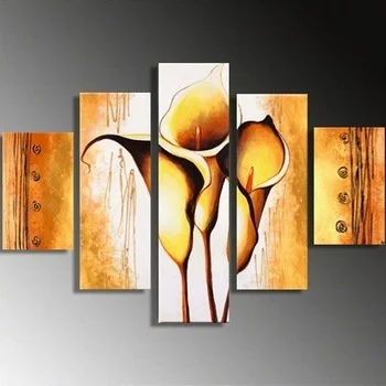 Abstract multi-panel wall art featuring stylized flowers in warm yellow and orange hues against a black and textured orange background.