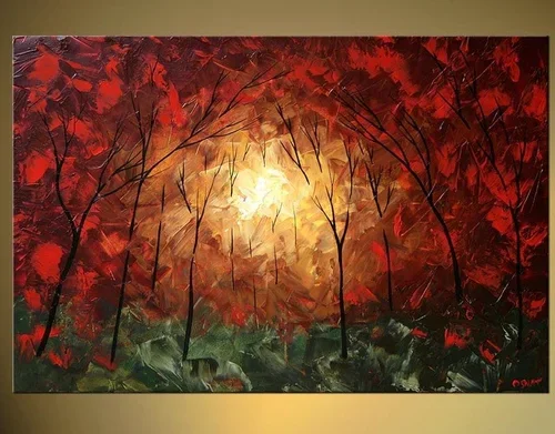 Abstract painting of a forest scene with red and orange trees surrounding a bright yellow sun or light source in the center.