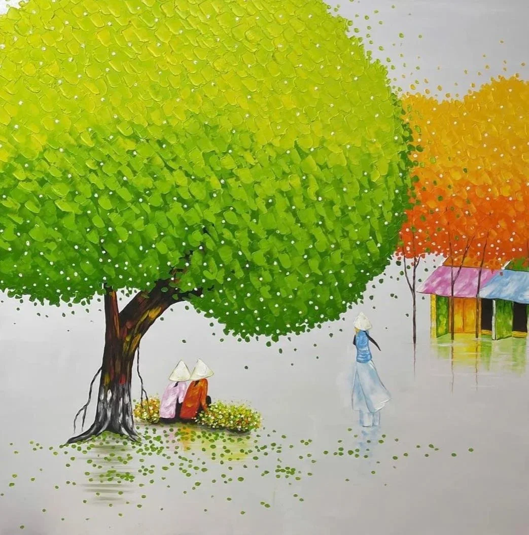 A watercolor painting of a park scene featuring a large green tree with a brown trunk, two women sitting under the tree wearing traditional conical hats, a woman walking nearby with a conical hat and blue dress, and colorful market stalls with pink and blue roofs in the background.