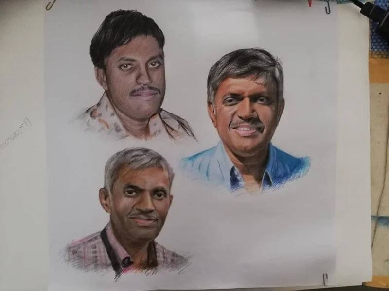 Hand-drawn colored portraits of three middle-aged men with different hairstyles and clothing, arranged with two at the top and one at the bottom left, on a white sheet of paper.