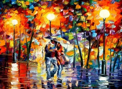 Painting of a couple walking with an umbrella in a colorful, illuminated park at night, reflected in a wet ground.