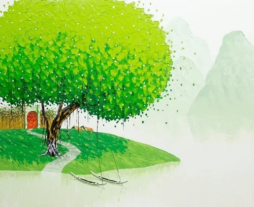 A painting of a large green tree by a pond with two swings hanging from its branches.