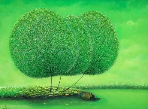 Three trees with round, bushy green tops and thin black trunks, next to a small bridge with a boat underneath on green water, under a cloudy green sky.