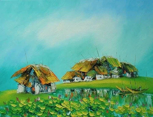 Painting of a rural landscape with small houses, a pond, and green vegetation under a blue sky.
