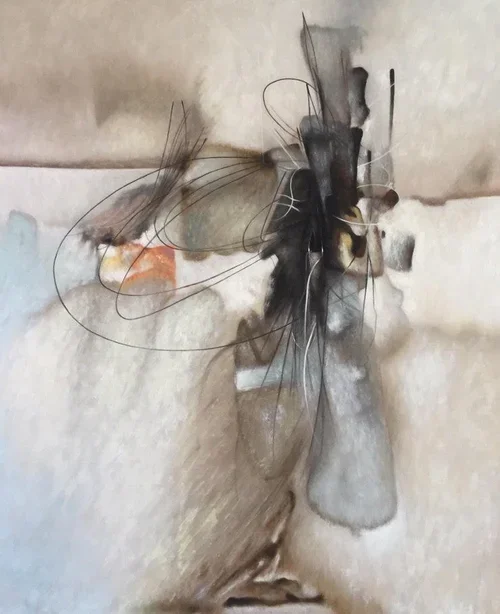 Abstract watercolor painting with black, gray, white, and orange hues, featuring lines and shapes creating a layered, textured composition.