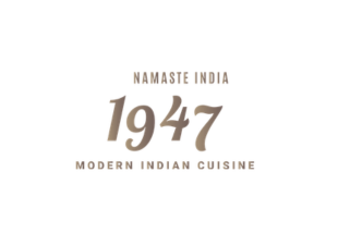 Text that says, "NAMASTE INDIA 1947 MODERN INDIAN CUISINE" in gold-colored letters on a white background.