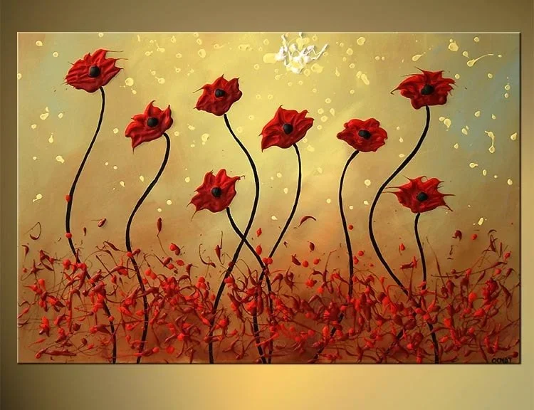 Stylized painting of red poppies with black centers on curved stems, set against a light yellow background with abstract gold splashes and red falling petals at the bottom.