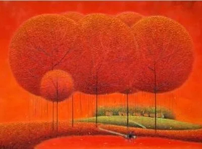 Colorful painting of trees with large orange and red round canopies, set against a vibrant sunset sky with a grassy landscape and a pathway.