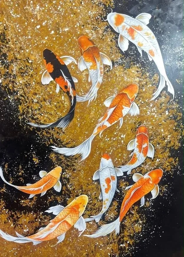 Illustration of colorful koi fish swimming in water with gold and black background.