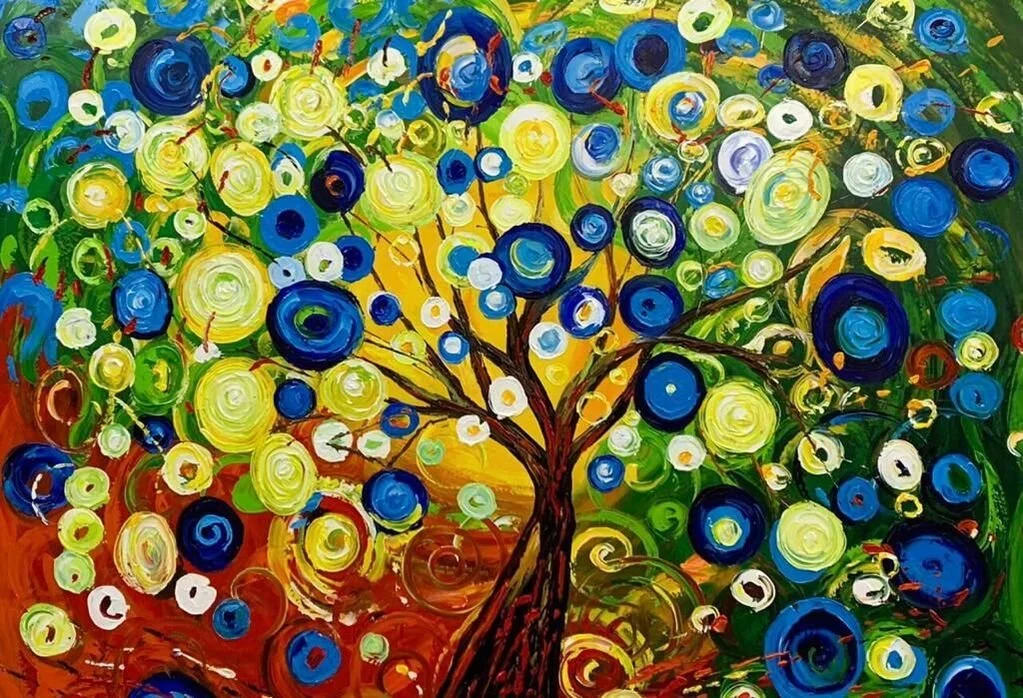 Abstract painting of a tree with a brown trunk and branches, surrounded by swirling yellow, green, blue, white, and red circles, creating a vibrant, energetic scene.