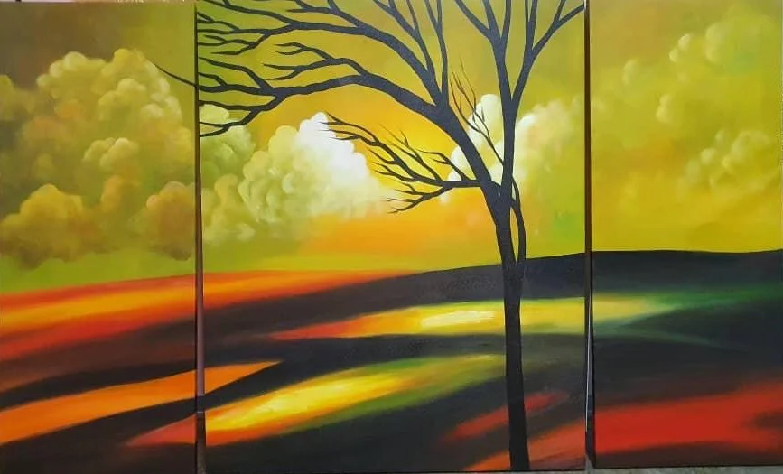 A triptych painting of a landscape at sunset featuring a leafless tree in the foreground, with bright yellow and green clouds and colorful fields in shades of orange, red, yellow, and green.