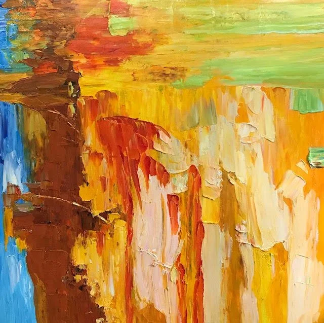 Abstract painting of a colorful landscape with cliffs, using bold strokes and vibrant colors including green, yellow, orange, red, and blue.