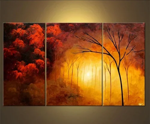 Triptych painting of a sunset in a forest with bare trees and a fiery sky.