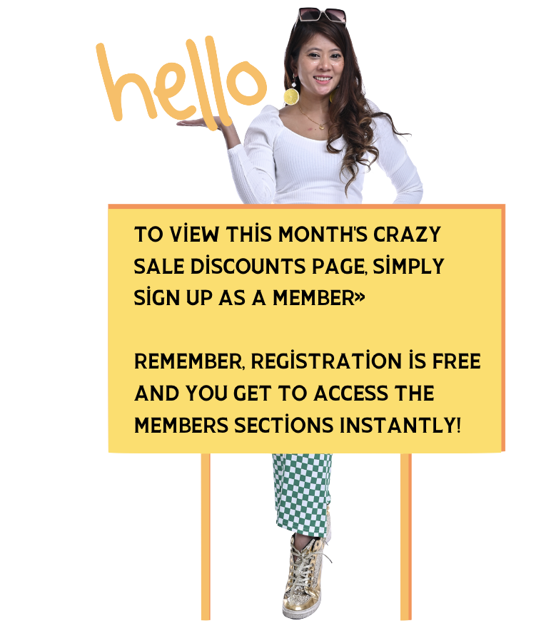 A woman with long dark hair, wearing a white top and checkered pants, holding a sign that says "hello" with a yellow background. Overlaid text promotes signing up as a member for discounts and instant access to members-only sections.