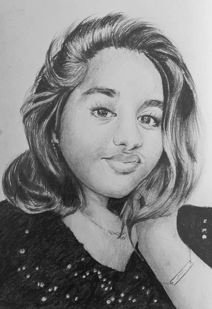 A detailed pencil drawing of a smiling woman with wavy hair, wearing a black top with sparkles, jewelry, and a watch.