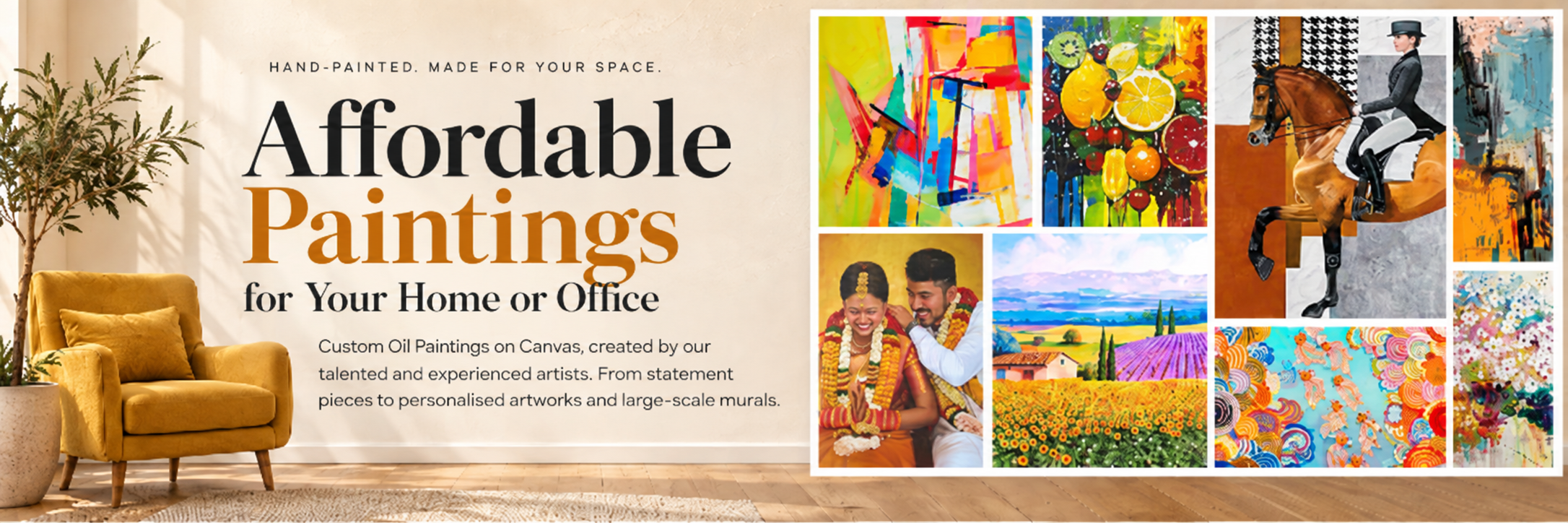 A promotional banner for affordable paintings for home or office, featuring a living room with a yellow sofa, potted tree, and a collage of colorful paintings and artwork in various styles, including abstract, floral, and landscape scenes.