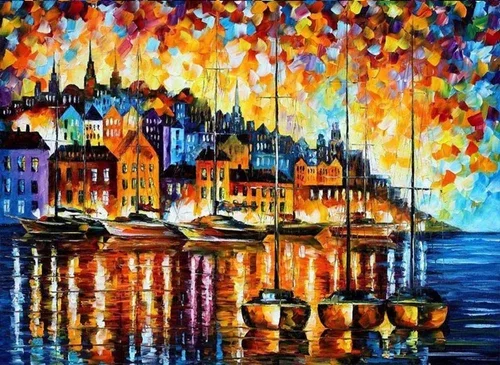 Colorful cityscape painting of a harbor with boats, buildings, and a vibrant sky.
