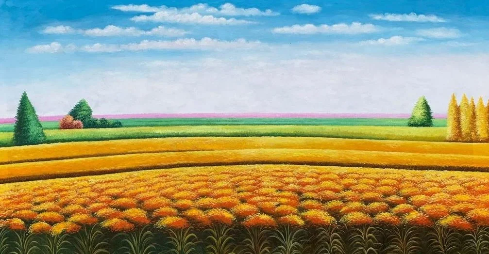 Painting of a vibrant countryside landscape with colorful fields of flowers, trees, and a blue sky with clouds.