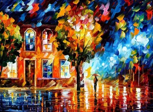 Painting of a city street at night with a brick building, a large tree, and a person holding an umbrella reflecting in the wet pavement.