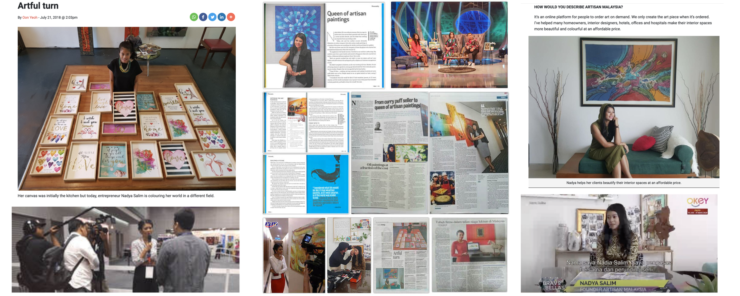 A collage of images related to Nadya Salim, an artist and entrepreneur. Includes her displaying her art pieces in an exhibition, being interviewed, and sitting in a decorated interior space. Several pages from newspapers or magazines featuring her work are also shown.