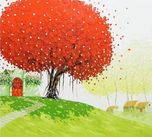 Colorful illustration of a large red-leaved tree on a green hill with small houses in the background.